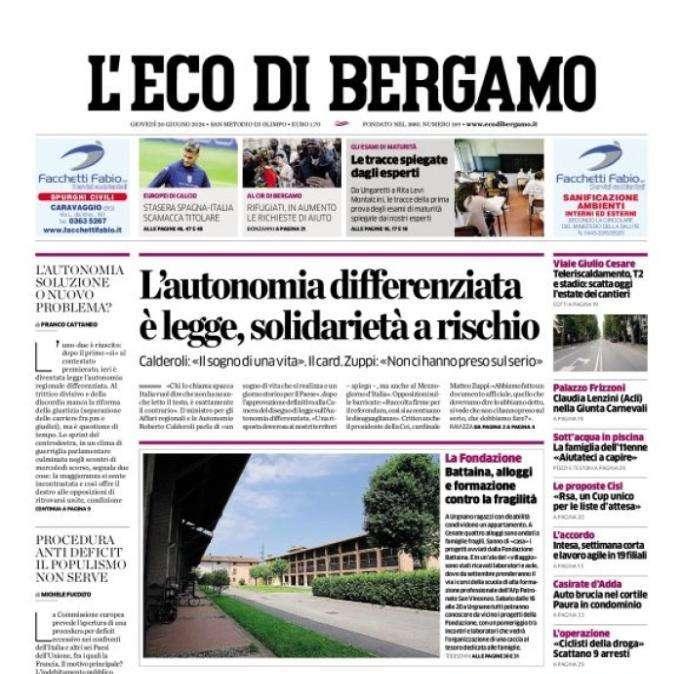 L'Eco di Bergamo apre con vista Dea: “Stasera Spagna-Italia: Scamacca titolare"