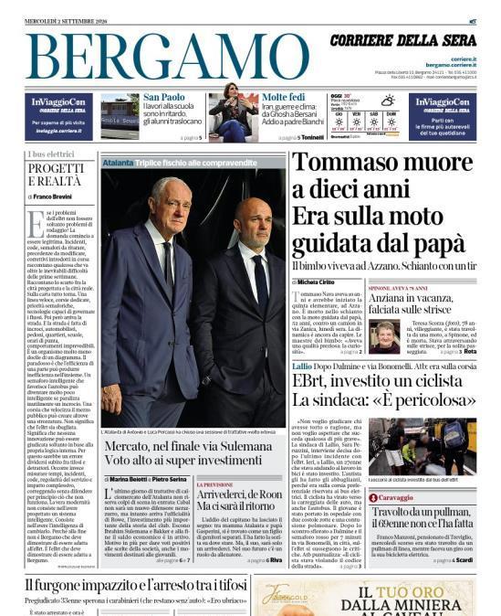 PRIMA PAGINA - Corriere di Bergamo: "Mercato, nel finale via Sulemana. Voto alto ai super investimenti"