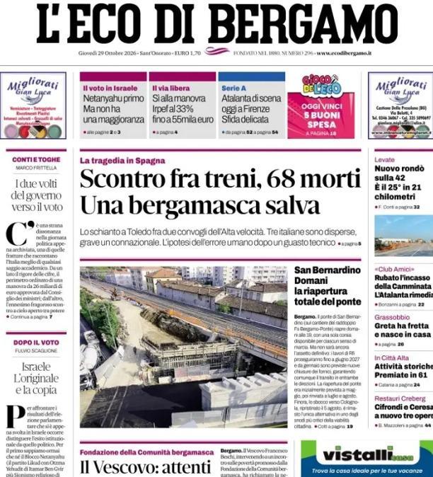 PRIMA PAGINA - L'Eco di Bergamo: "Atalanta di scena oggi a Firenze Sfida delicata"