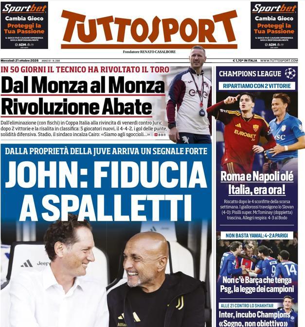 PRIMA PAGINA - Tuttosport: "Dalla proprietà della Juve arriva un segnale forte"