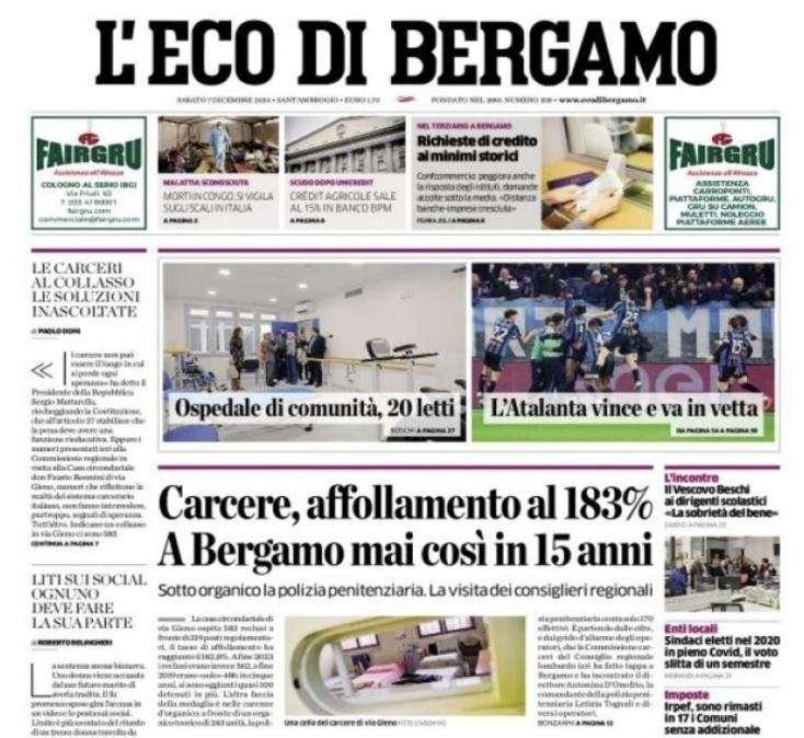 L'Eco di Bergamo festeggia in prima pagina: "L'Atalanta vince e va in vetta"