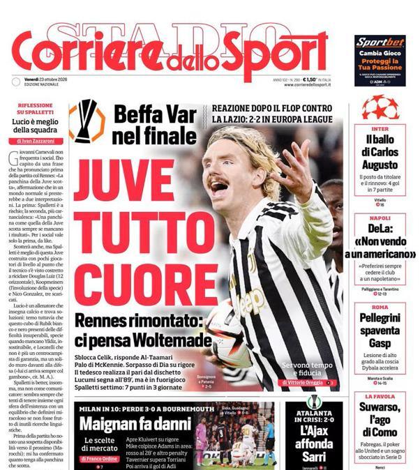 PRIMA PAGINA - Corriere dello Sport: "Juve tutto cuore"