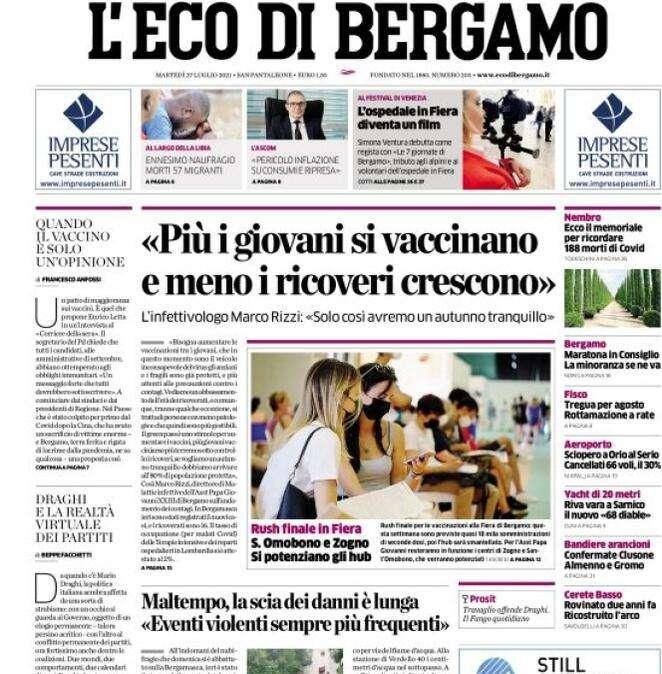 L'apertura de L'Eco di Bergamo: "Più i giovani si vaccinano e meno i ricoveri crescono"