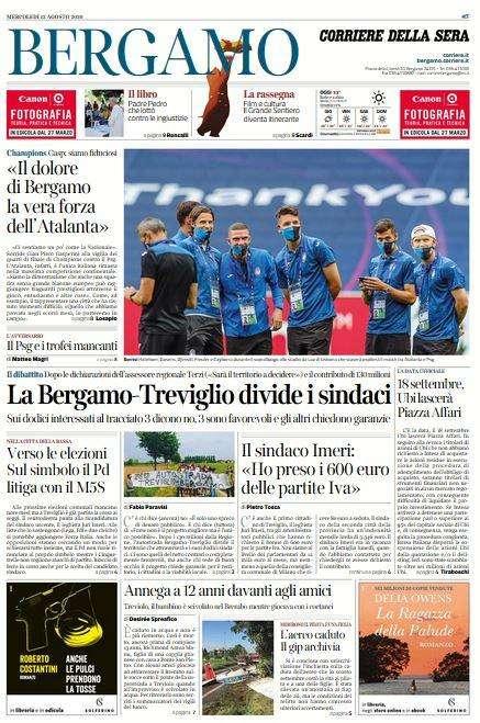Corriere di Bergamo: "Il dolore di Bergamo la vera forza dell'Atalanta"