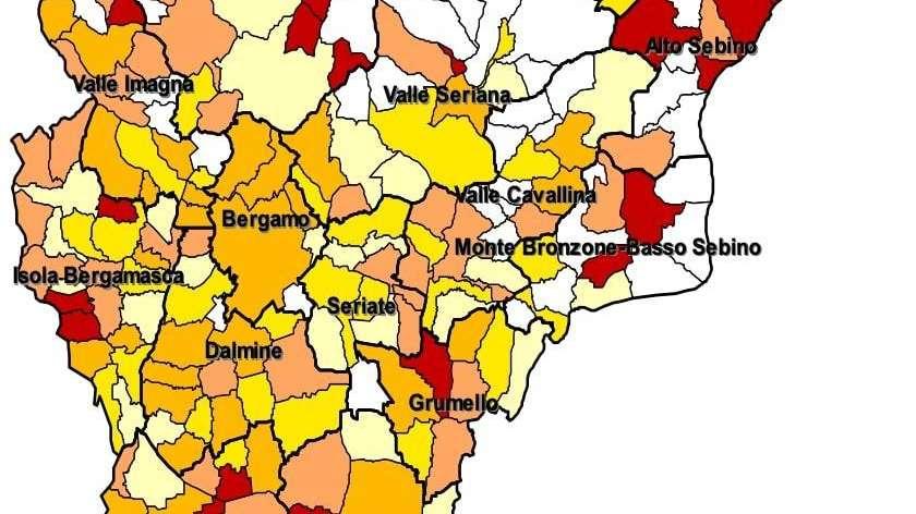 Gli incrementi dei nuovi casi, comune per comune, negli ultimi 7gg nella Bergamasca. 76 Comuni con zero casi
