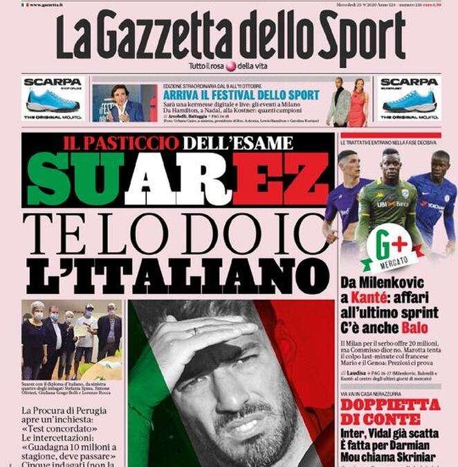 La Gazzetta dello Sport in apertura: "Suarez, te lo dò io l'italiano" 