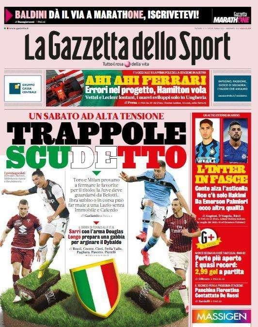 La Gazzetta dello Sport in apertura: “Trappole scudetto. Un sabato ad alta tensione”