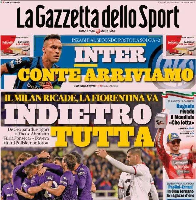 La Gazzetta dello Sport in prima pagina sul ko subito dal Milan: "Indietro tutta"