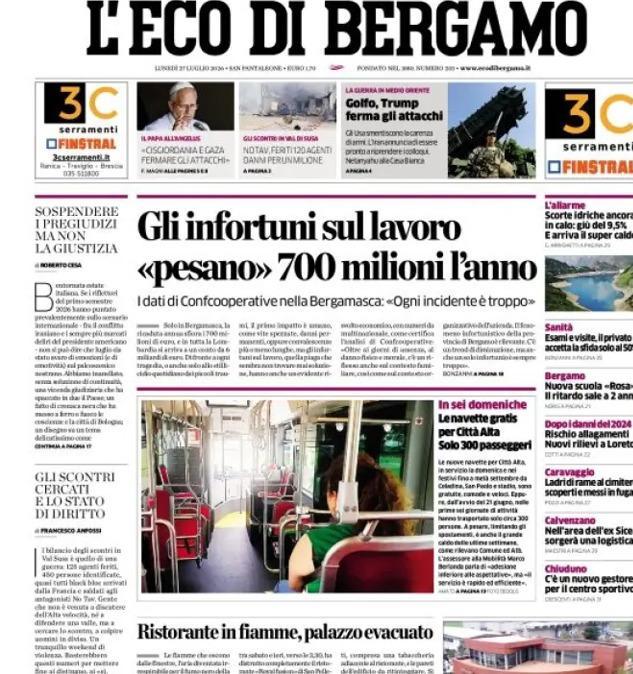 PRIMA PAGINA - L'Eco di Bergamo: "L'Atalanta va sotto di 2 gol con l'Arezzo poi rimonta e vince"
