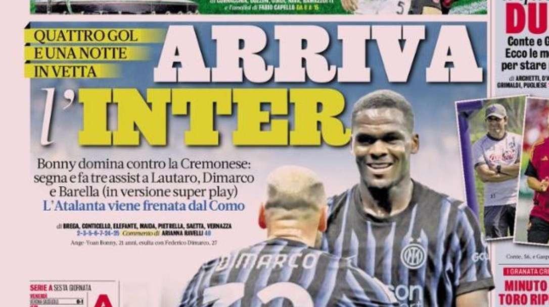 PRIMA PAGINA - La Gazzetta Sportiva: "L’Atalanta viene frenata dal Como"