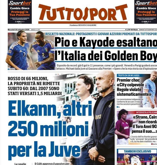 PRIMA PAGINA - Tuttosport: "Elkann, altri 250 milioni per la Juve"