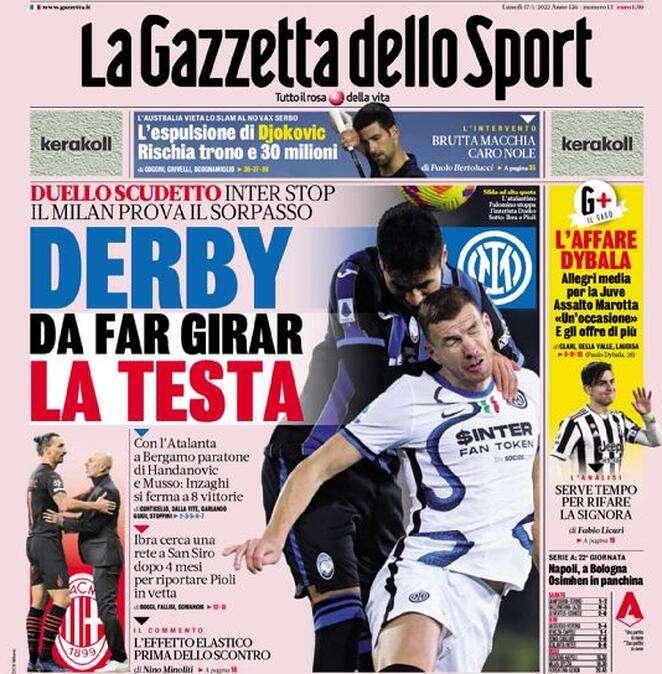 L’apertura de La Gazzetta dello Sport su Atalanta-Inter: “Derby da far girar la testa”