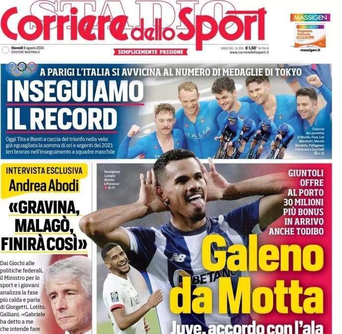 Il Corriere dello Sport così in prima pagina sulla Juventus: "Galeno da Motta"