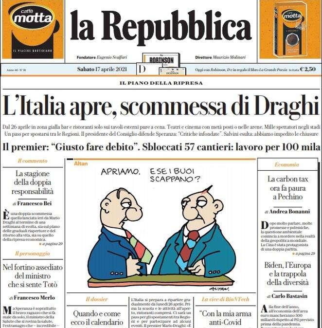 La Repubblica: "L'Italia apre, scommessa di Draghi"