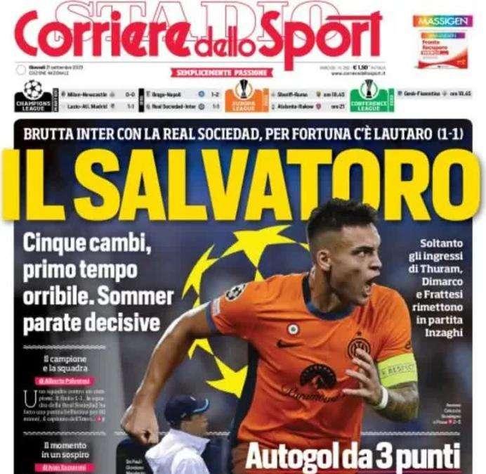 Il Corriere dello Sport apre sul pareggio dell'Inter in Champions: "Il Salvatoro"
