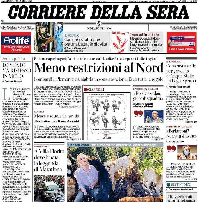 Il Corriere della Sera: "Meno restrizioni al Nord"