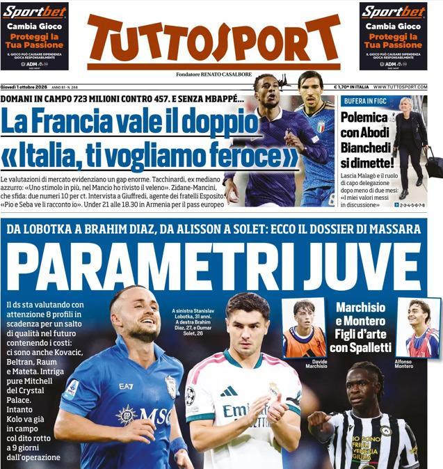 PRIMA PAGINA - Tuttosport: "Parametri Juve"
