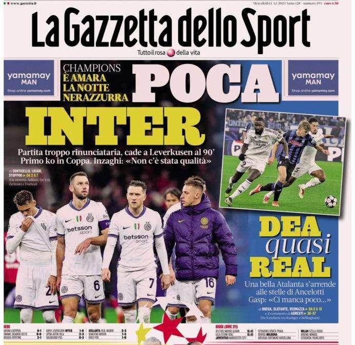 L’apertura de La Gazzetta dello Sport sulla Champions: “Poca Inter, Atalanta quasi Real"