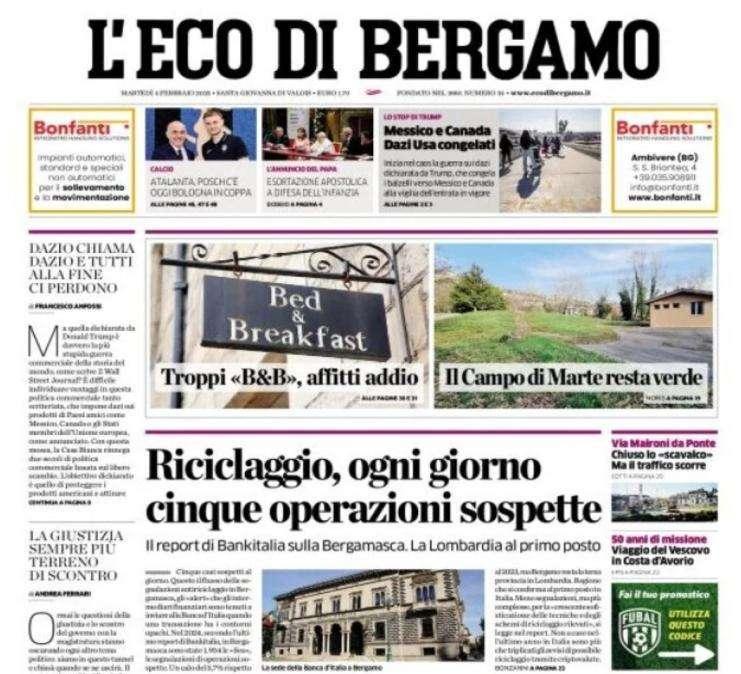 L'Eco di Bergamo in taglio alto: "Atalanta, Posch c'è. Oggi Bologna in Coppa"