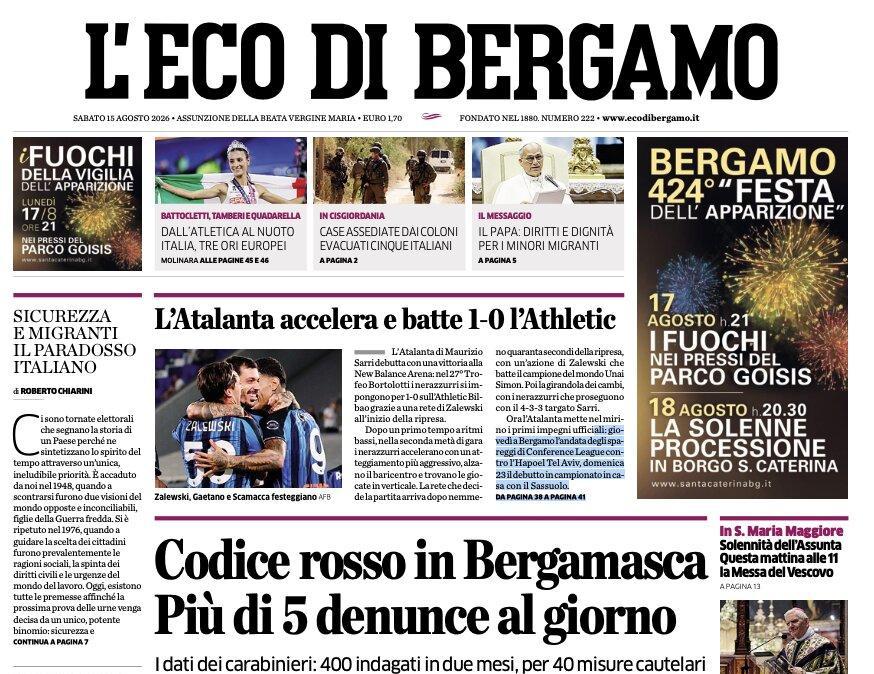 PRIMA PAGINA – L'Eco di Bergamo: "L'Atalanta accelera e batte 1-0 l'Athletic"