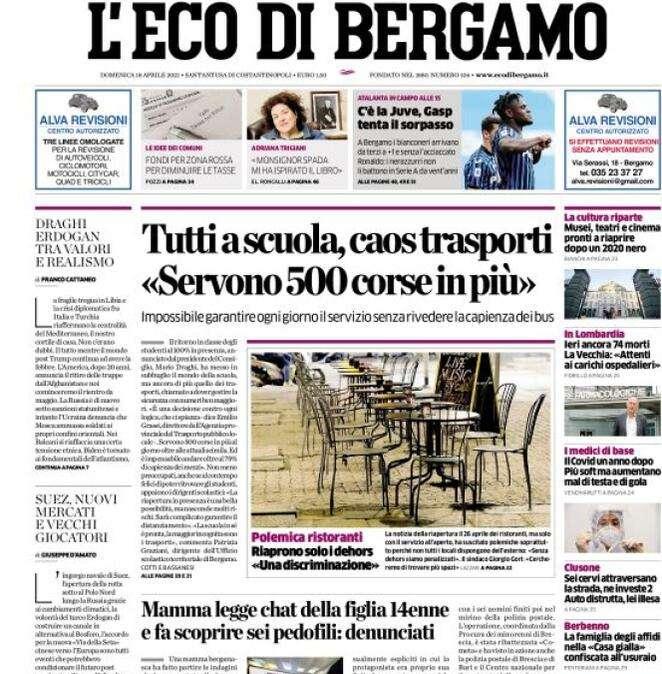 PRIMA PAGINA - L'Eco di Bergamo: "C’è la Juve, Gasp tenta il sorpasso"