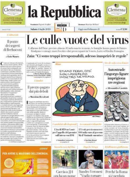 L'apertura de La Repubblica: "Le culle vuote del virus"