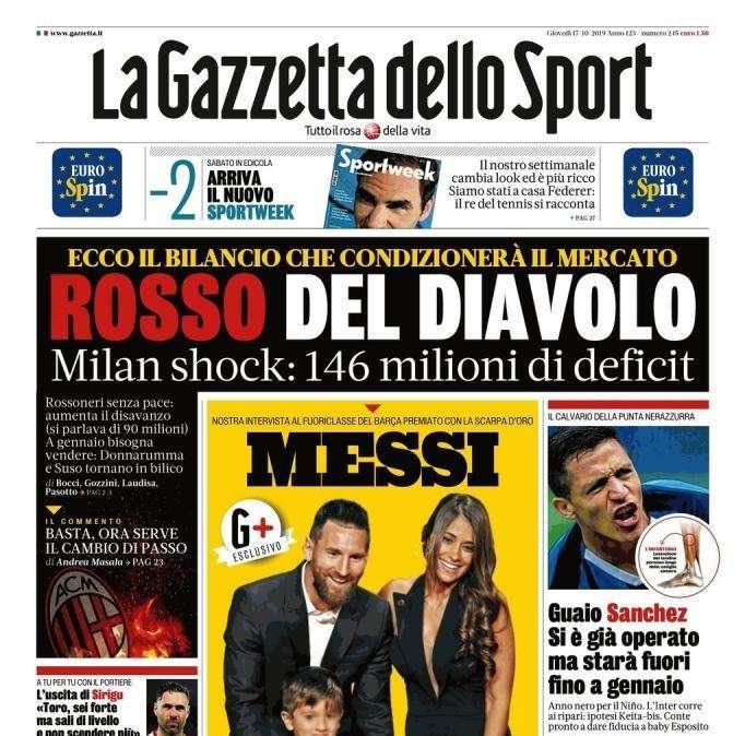 La Gazzetta dello Sport in apertura: "Rosso del Diavolo"