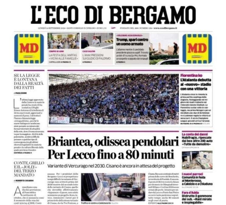 L'Eco di Bergamo: "L'Atalanta debutta al nuovo stadio con una vittoria"
