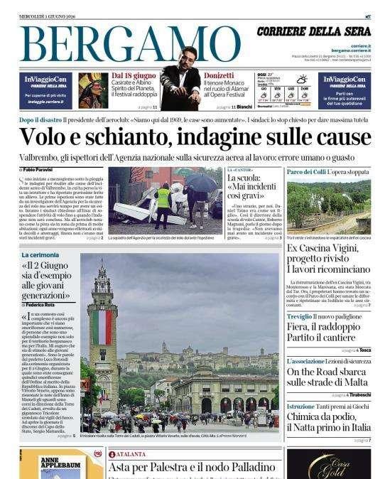 PRIMA PAGINA - Corriere di Bergamo: "Asta per Palestra e il nodo Palladino"