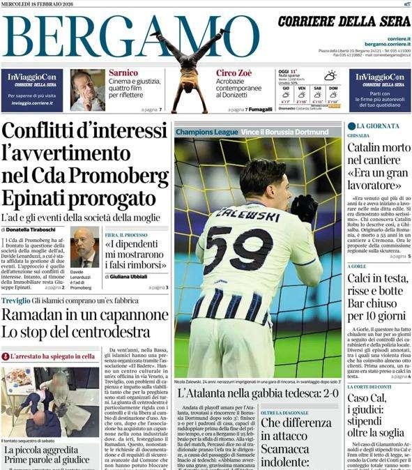 PRIMA PAGINA - Corriere di Bergamo: L'Atalanta nella gabbia tedesca: 2-0