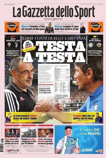  Prime pagine | "Sarri-Conte testa a testa"; "Ricomincia dai tre".