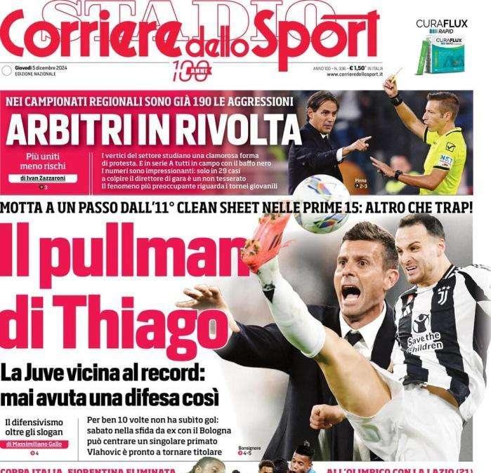 Corriere dello Sport in apertura sulla difesa da record della Juve: "Il pullman di Thiago"