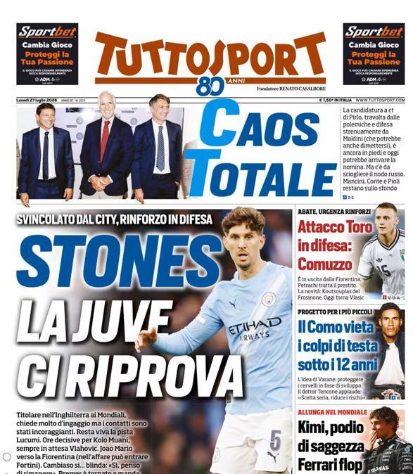 PRIMA PAGINA - Tuttosport: "Stones, la Juve ci riprova"