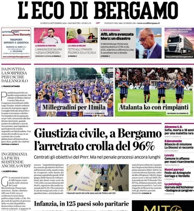 PRIMA PAGINA - L'Eco di Bergamo: "Atalanta ko con rimpianti"