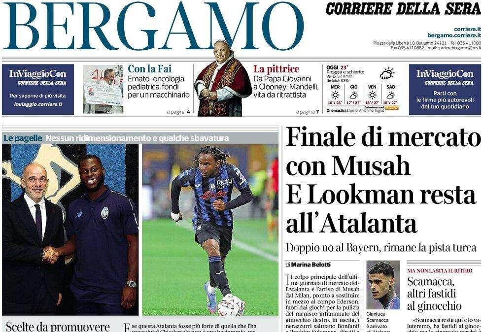 PRIMA PAGINA - Corriere di Bergamo: "Finale di mercato con Musah e Lookman resta all’Atalanta"