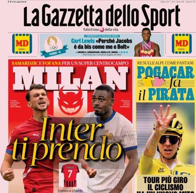 La Gazzetta dello Sport in apertura sul Milan con Samardzic e Fofana: "Inter, ti prendo"