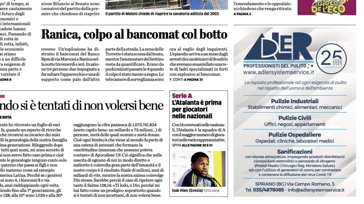 PRIMA PAGINA - L’Eco di Bergamo: "L’Atalanta è prima per giocatori nelle nazionali"