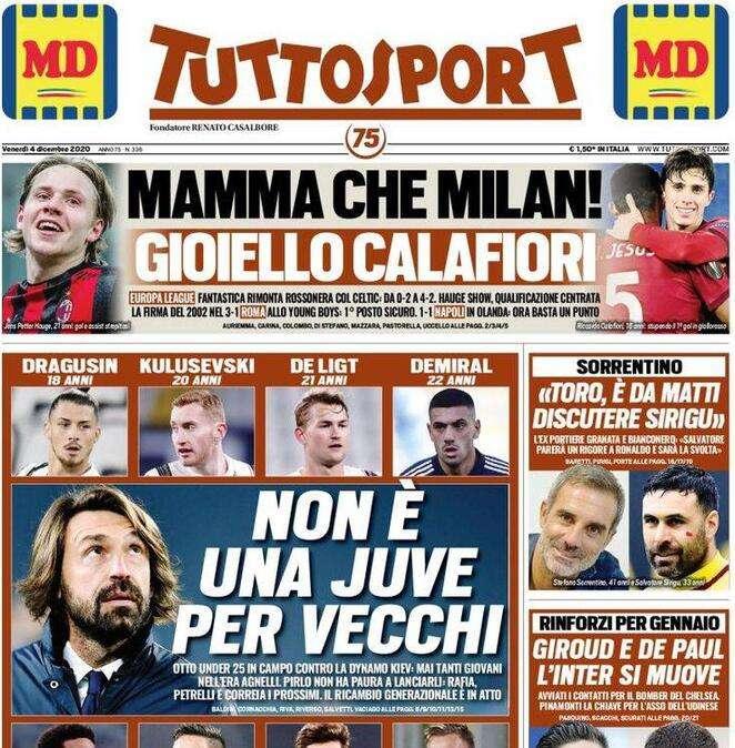 Tuttosport in apertura: "Non è una Juve per vecchi"