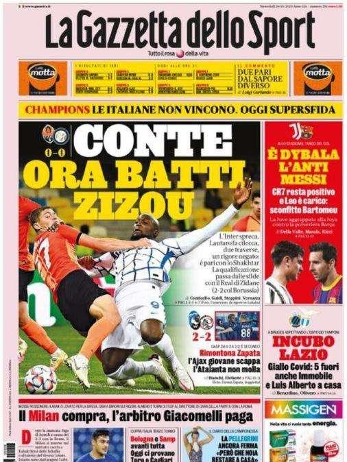 L'apertura de La Gazzetta dello Sport: "Rimontona Zapata: l'Ajax giovane scappa, i nerazzurri non mollano"