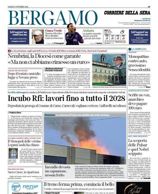 PRIMA PAGINA - Corriere di Bergamo: "Atalanta. Le quattro squadre dei più vincenti passati dal vivaio"