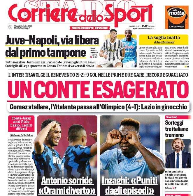 Corriere dello Sport in apertura: "Gomez stellare, L'Atalanta passa all'Olimpico: Lazio in ginocchio"