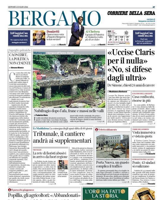 PRIMA PAGINA - Corriere di Bergamo: Il grazie di Palestra: «L’Atalanta molto più di un club»