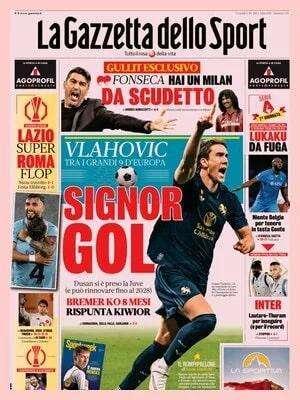 L'apertura de La Gazzetta dello Sport: "Signor gol: Vlahovic tra i grandi 9 d'Europa"