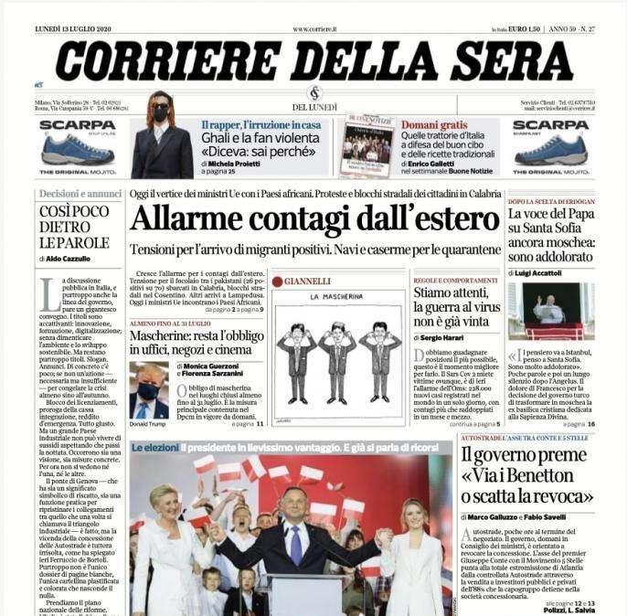 Corriere della Sera in apertura: "Allarme contagi dall’estero"