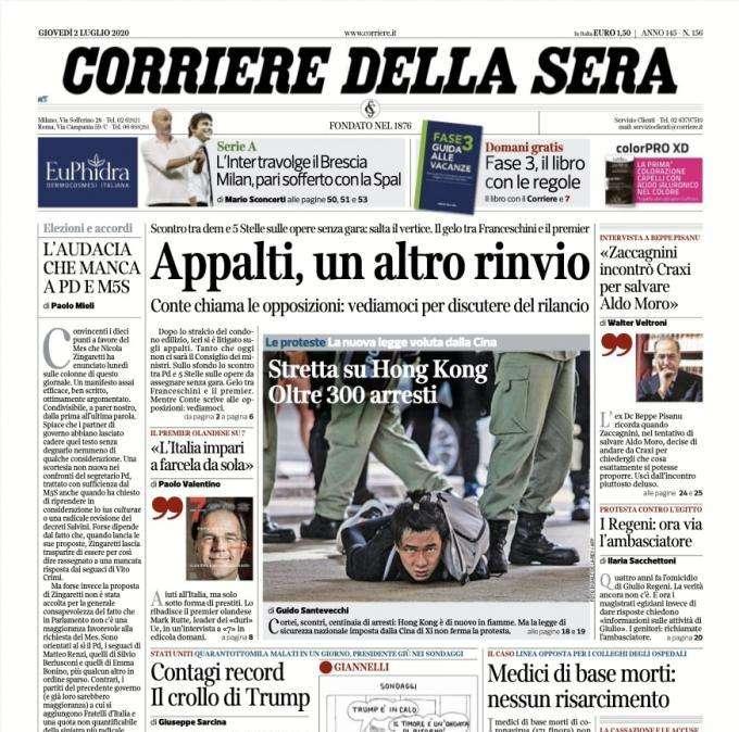 L'apertura del Corriere della Sera: "Appalti, un altro rinvio"