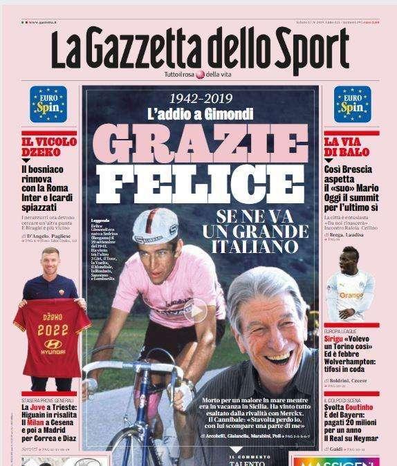 Prime pagine - "Grazie Felice", "Dzeko firma e resta", "Icardi verso la Juve"