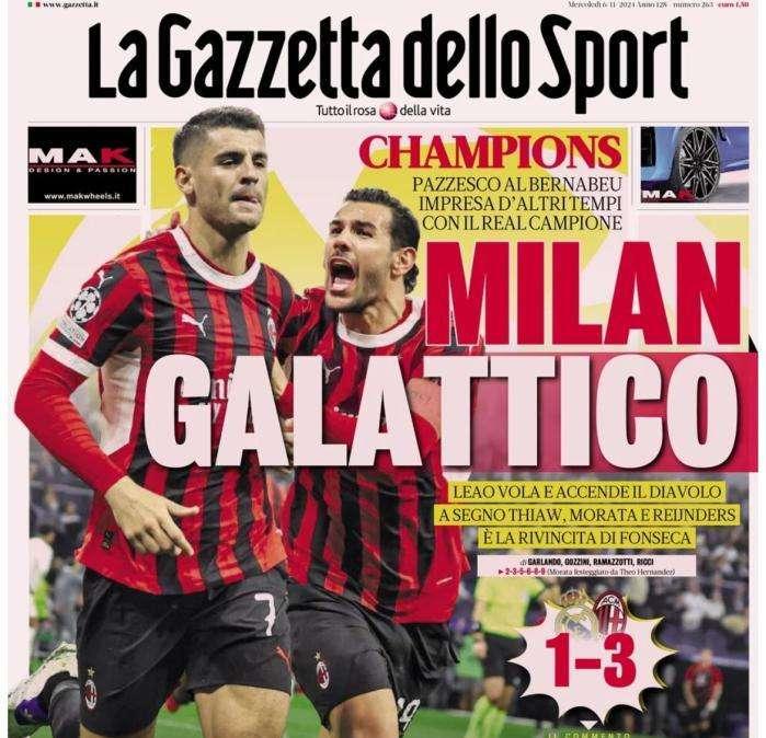 L’apertura de La Gazzetta dello Sport sulla Champions: "Milan Galattico"