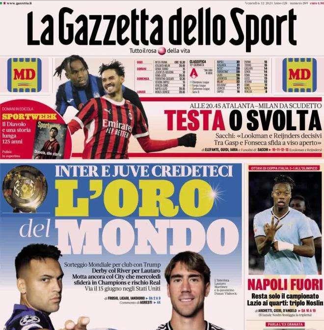 La Gazzetta dello Sport in prima pagina sul Mondiale per Club: "L'oro del mondo"