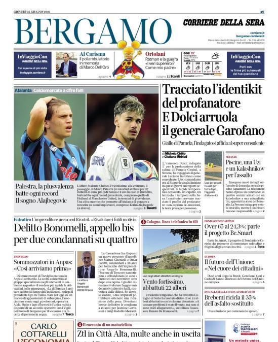 PRIMA PAGINA - Corriere di Bergamo: "Palestra, la plusvalenza batte ogni record. Il sogno Alajbegovic"