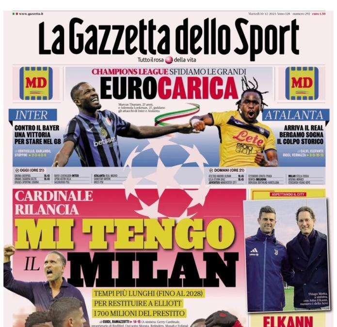 L'apertura de La Gazzetta dello Sport su Cardinale: "Mi tengo il Milan"